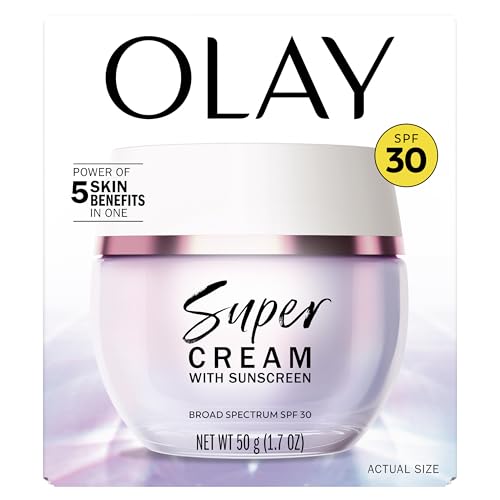 OLAY SUPER CREAM WITH SUNSCREEN SPF 30, LIGHTWEIGHT FACE MOISTURIZER WITH SUN PROTECTION, 5-IN-1 SKIN CARE BENEFITS – HYDRATING, BRIGHTENING, FIRMING – NIACINAMIDE, VITAMIN C, COLLAGEN PEPTIDE, 1.7 OZ
