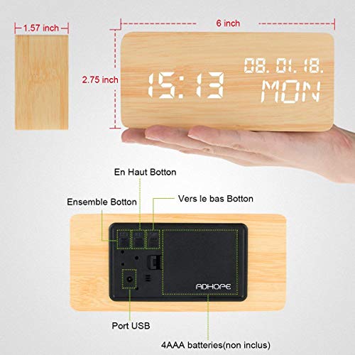 Led Digital Analog Alarm Clocks, Wooden Travel Clock with Time/Date/Week/Temperature/USB Desk Shelf Clocks, Sound Control 3 Levels Brightness 3 Loud Alarm for Heavy Sleepers Bedrooms Kids Girls Teens