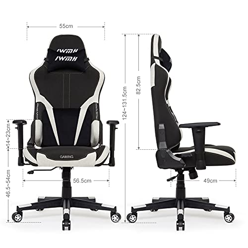 Intimate-WM-Heart-Silla-Gaming-de-Tela-Silla-Oficina-Ergonomica-Silla-Giratoria-Racing-Silla-Gamer-de-Respaldo-Alto-Ajustable-con-Apoyabrazos-Reposacabezas-y-Cojin-Lumbar-Negro-Blanca