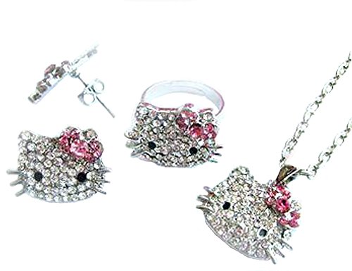Sparkling Kitty Charm Necklace, Ring and Earring Set with Pink Bow