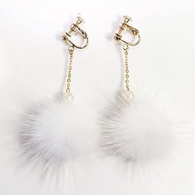 Amazon パール付きミンクファーイヤリング ホワイト イヤリング
