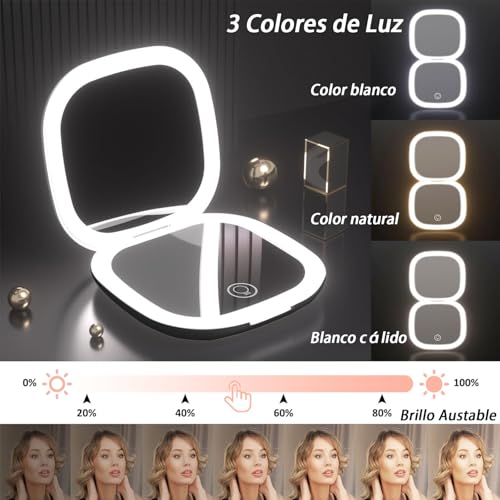 JDFNVFK Espejo de Bolsillo con Luz LED, con Aumento 1X/10X, Anillo de Luz de Doble Cara y 3 Modos, Espejo de Mano Recargable Portatil, Espejo Pequeño con Luz para Maquillaje