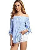 SheIn Women's Striped Off The Shoulder Tie Cuff Blouse