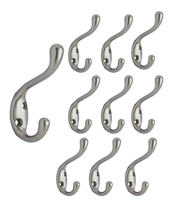 QCAA Premium Quality Heavy Duty Coat and Hat Hook Hanger, 3-3/8", Zinc Die Cast, Satin Nickel, 10 Pack, Made in Taiwan — image 1