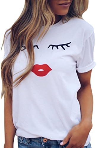 BCDshopWomen Fashion Summer Tops Eyelash Lip Print Short Sleeve T-Shirt Blouse