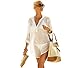 Women's Cotton Beachwear Bikini Swimwear Beach Club V-neck Sexy Perspective Cover Up Skirt Bathing suit, Cream-shirt, One Size