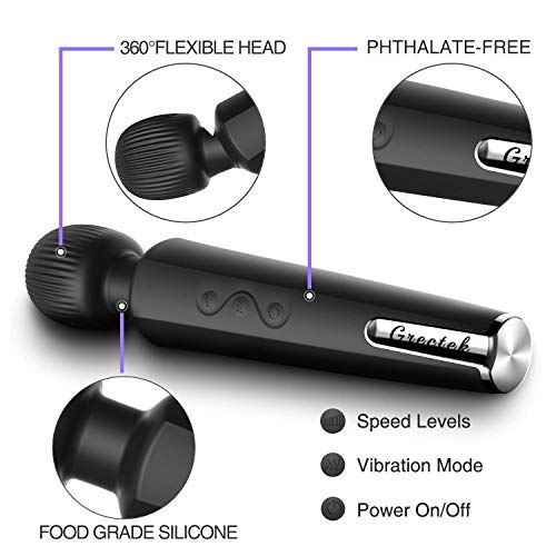 Grectek Wireless Full Body Wand Massager with Separate Electrical Motor,Handheld Waterproof Massager 20 Patterns,Therapeutic Powerful and Rechargeable for Stress Relief (Black) - Thumbnail 3