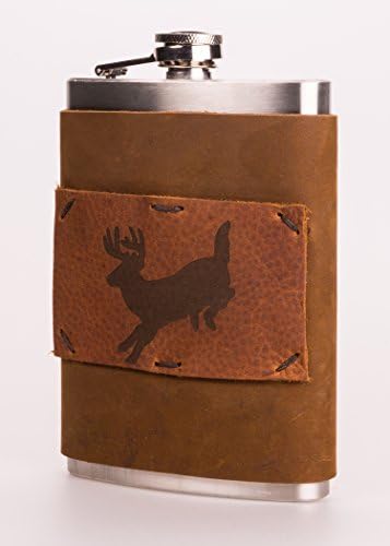 Leather + Stainless Steel 8 oz Flask with Deer Design (F8-43)