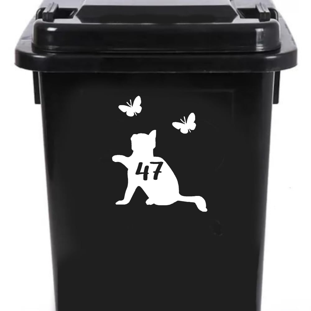 Cute Cat Chasing Butterflies Waterproof Wheelie Bin Stickers - Vinyl Material - Gifts for Cat Lovers - Bin Stickers for Wheelie Bins - Stick on Numbers - Bin Labels (47)