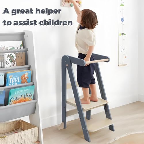 Learning Tower, Foldable Wooden Toddler Tower with Safety Rail, Kitchen Stool Helper, Standing Tower with 3 Adjustable Heights, Mother's Helper, Montessori Step Stools for Bathroom Sink