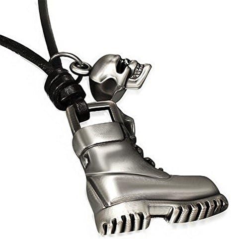 Skull &amp; Boot Pendant on Black Leather Cord Mens Necklace, 28" (Can Shorten)