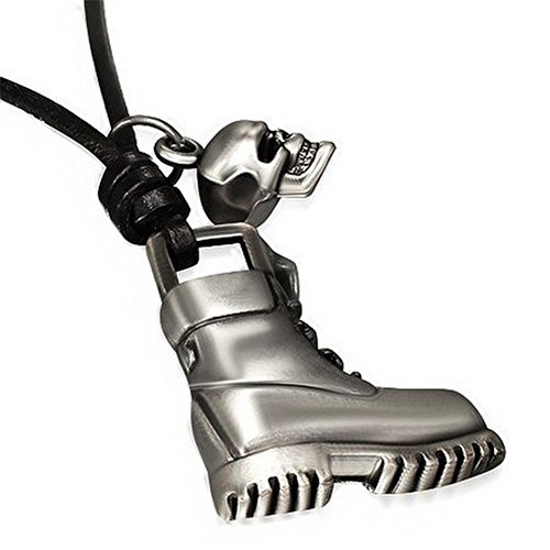 Skull &amp; Boot Pendant on Black Leather Cord Mens Necklace, 28" (Can Shorten)