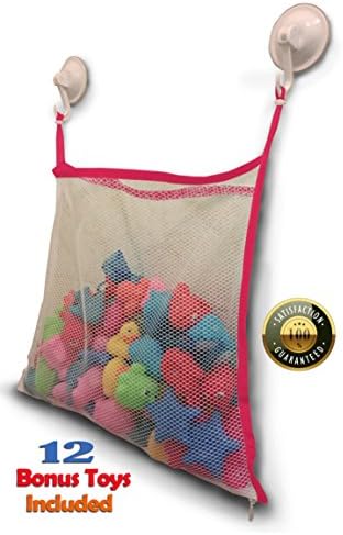 Bath Toy Organizer + 12 BPA-Free Bonus Baby Toys - Extra Large Mesh Net Storage Bag - Innovative Bottom Zipper and Hook Reinforcement - Pink