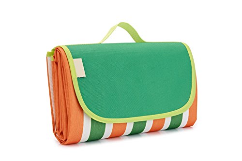 Triponeer Extra Large Outdoor Picnic Blanket 57'Ã—79' Foldable Tropical Floral Waterproof Handy Folding Colorful Beach Mat with Tote for Family Travel, Camping, Hiking, Grass Outings(Green Strip)