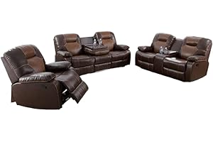 AYCP Manual Reclining Living Room Furniture, Bonded Leather Sofa w/Drop-Down Console, Loveseat w/Storage Console, Chair for Living Room/House/Bedroom/Office/Apartment (Brown, 3 Pieces)