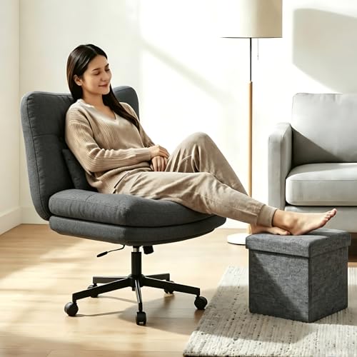 Submi Criss Cross Chair, Wide Desk Chair with Adjustable Height, Fabric Vanity Chair for Home, Swivel Criss Cross Chair for Work, Comfy cross legged office chair, Task Chair, Study, Gift, Black
