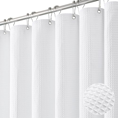 Photo 1 of Dynamene White Fabric Shower Curtain, Waffle Weave Textured Cloth Shower Curtains for Bathroom, Modern Hotel Luxury Shower Curtain Set, Wrinkle Free, Thin Version, 1 Pack, 72x72, White