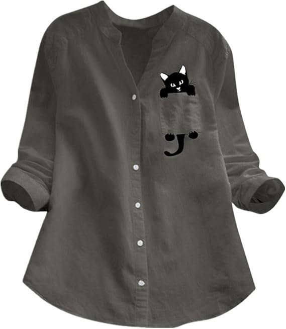 N\P Women Cat Linen Blouse Long Sleeve Kawaii Blouses Tops Laple Pocket