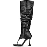 sexytag Women’s Slouchy Knee High Thong Boots – Open Toe Flared Stiletto Heel Wide Calf Side Zipper Dress Boots