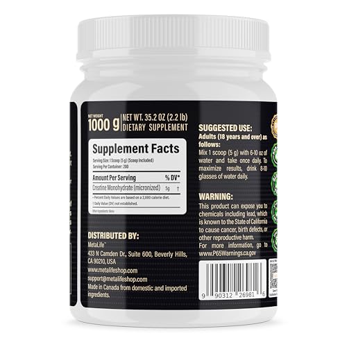 METALIFE 100% Pure Creatine Monohydrate Powder 200 Servings, Micronized Powder, Muscle Growth, Unflavored, Ideal for Athletes & Fitness Enthusiasts, Third Party lab Tested, Vegan, 1000 g