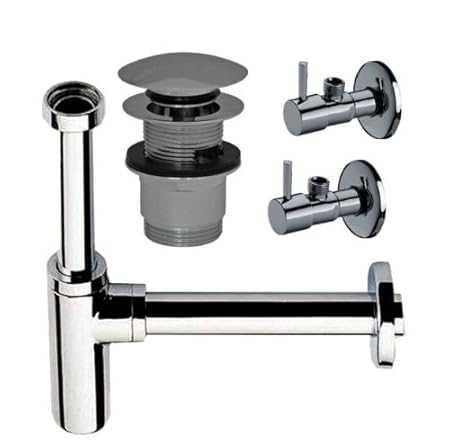 Sanixa 600MB03 Design Siphon Set rund | massiv Messing | inkl. Eckventile & Ablauf | Waschbecken-Ablauf Garnitur