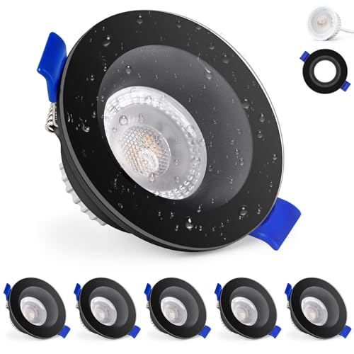 KYOTECH LED Recessed Spotlight 230 V 5 W IP65, Recessed Spotlight 68-75 mm, Extra Flat Bathroom Spotlight 3000K Warm White 3000K, Ceiling Spotlights for Bathrooms, Living Rooms, Kitchen, Hallway, Round Black Pack of 6