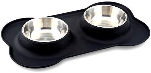 No Spill Dog Bowls - Non Skid Sturdy Unbreakable Removable Stainless Steel Bowl Set With Silicone Mat - 12 oz Feeding Station for Indoor & Outdoor Use - Perfect for Cats Dogs and Other Pets