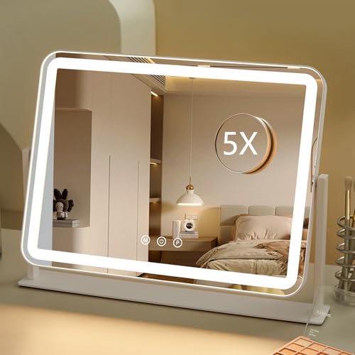 HIEEY Vanity Mirror with Lights, Makeup Mirror with Lights, Three Color Lighting Modes, and 5X Magnification Mirror, Smart Touch Control, 360°Rotation (13.5