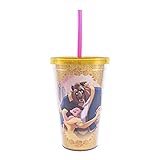 Silver Buffalo DN96087G Disney Princess Beauty and the Beast Dancing Glitter Plastic Cold Cup with Lid and Straw, 16-Ounces