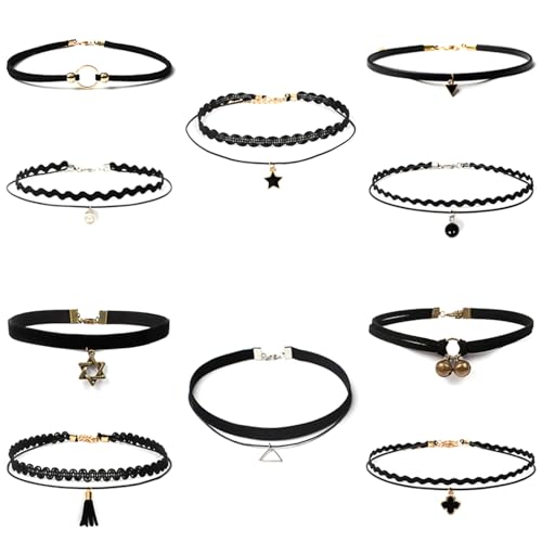 Febbya Choker Necklace Set,10 Pack Stretch Necklaces Tattoo Choker for Teen Girls Women Elastic Velvet Black 28+7CM