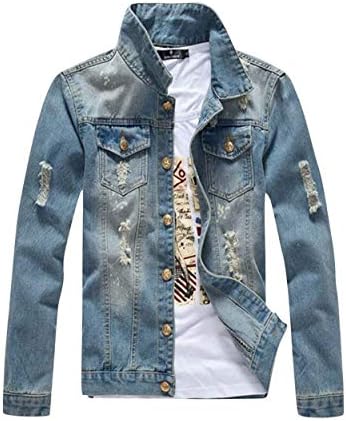 Men Denim Jacket Denim Coat Leisure Slim Fit Long Ripped Chic Denim Long Sleeve Lapel Button Front Pockets Torn Denim Coat