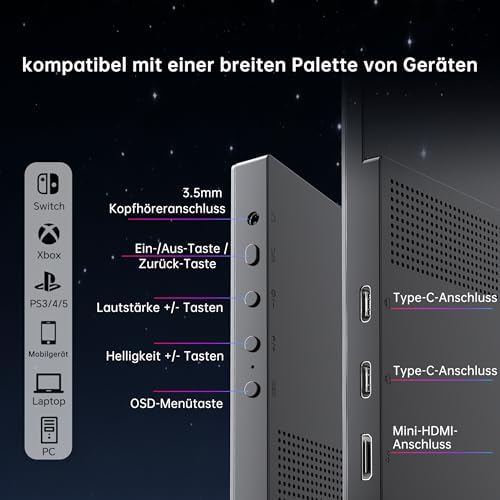 Portable Monitor 15,6" 1080P FHD IPS, USB-C & Mini HDMI Tragbarer Externer Bildschirm, Ultraleichter Reise-Gaming-Monitor mit Standfuß & Lautsprechern, für Laptop/PC/Mac/PS3/PS4/PS5/Xbox, Schwarz