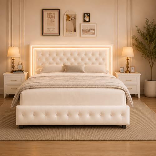 Queeen Bed Frame with 4 Storage Drawers, LED Bed Frame with Remote Control Rhythm Sync Light, Adjustable Diamond Tufted Headboard, No Box Spring Needed, Velvet Cream