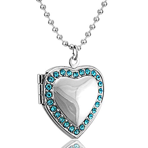 Love Heart Locket Necklace Pendant Blue CZ Birthstone Photo Locket Charm Living Memory Locket Gold Plated (Blue CZ love locket)