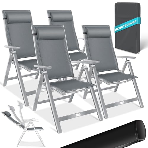 KESSER® Gartenstuhl Hochlehner mit Armlehnen 4er Set Aluminium Klappstuhl mit Kopfkissen & Abdeckung Campingstuhl 7-Fach Verstellbar Rückenlehne Atmun