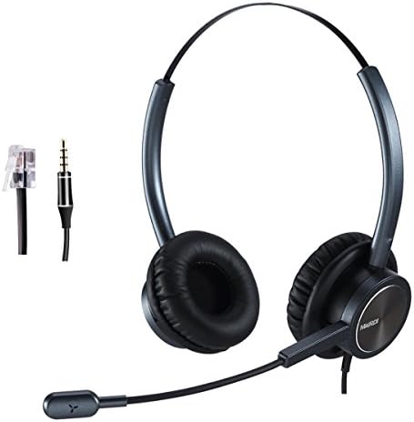 Office Headset with RJ9 & 3.5mm Connectors for Landline Deskphone and Smartphone PC Laptops, Call Center Telephone Headset with Noise Canceling Microphone for Yealink Grandstream Snom