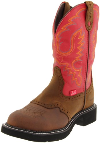 Justin Boots Women's Gypsy Collection 11" Waterproof Boot Fashion Round Toe Black Rubber Outsole,Bay Apache with Perfed Saddle Vamp/Red Cow with Diamond Cut Pull Strap,8 B US