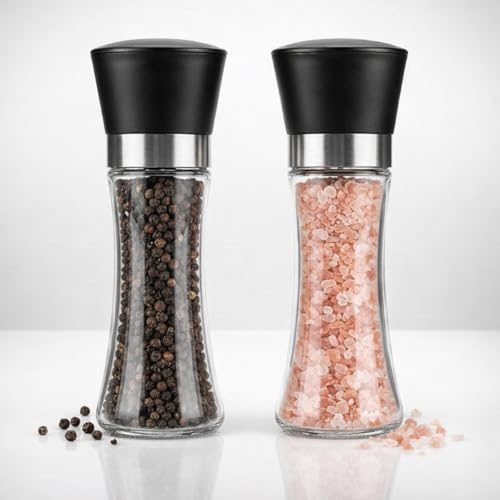 Kit 2 Moedores de Sal e Pimenta Vidro e Plástico Ajuste de Moagem Design Transparente para Temperos