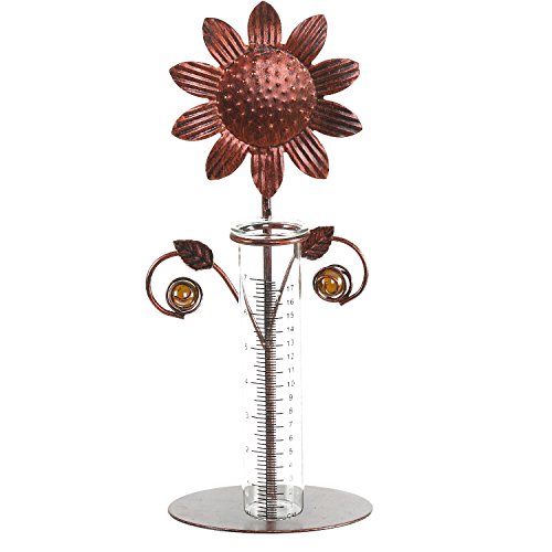 CEDAR HOME Rain Gauge Outdoor Garden Wireless Glass Brass Metal Tabletop Cute Professional Raingauge for Lawn Yard Patio Decor 8oz. by, 7" W x 6" D x 16" H, Copper Sunflower