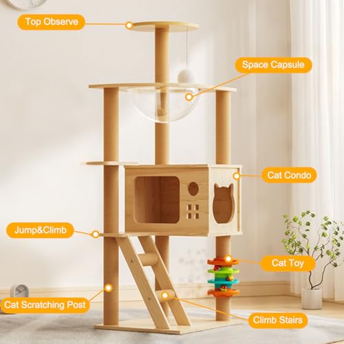 Gluckluz Cat Tree House Tower Sisal Rope Scratching Post Pet Climber Scratcher Condo with Interactive Toy for Adult Cat Kitten Indoor Play Sleeping Activity (Beige)