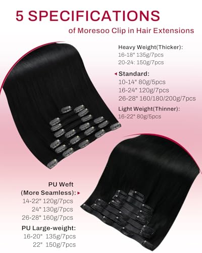 Moresoo Clip in Human Hair Extensions 60 cm Black Jet Remy Human #1 120 g 7pcs | Instant Volume, Invisible At The Neck, Modern Style, Easy To Wear, Soft Texture