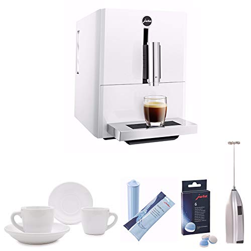 Jura A1 Ultra Compact Coffee Center with P.E.P. (White) Includes Jura Cleaning Tablets, Jura CLEARYL Blue Water Filter Cartridge, Handheld Milk Frother and Set of Two Cups and Saucers