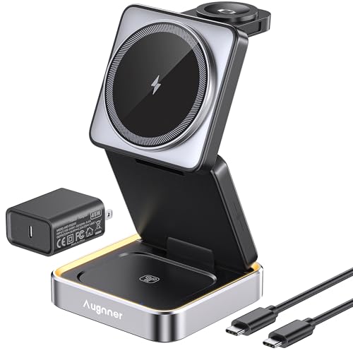 25W Charging Dock, Foldable Induction Charger 3 in 1, Wireless Charger Compatible with Magsafe and Night Light for iPhone 17/16/15/14/13/12 Series, AirPods, Apple Watch with 45W Charger