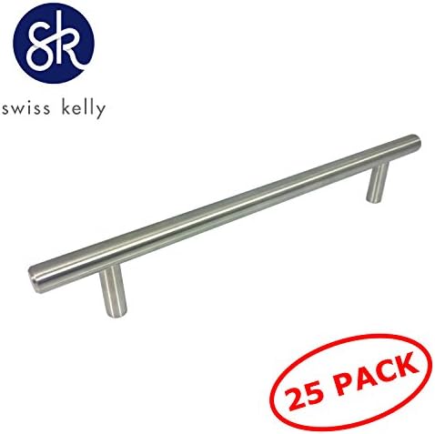 (25 Pack, L: 8 Inch CC: 6 Inch) Swiss Kelly Hardware Satin Nickel Kitchen Cabinet Handles Drawer Pulls