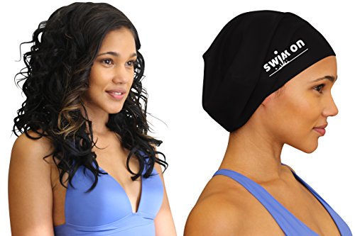 Swim on waterproof silicone swim cap, large, black