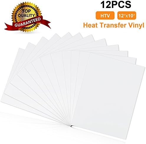 Heat Transfer Vinyl White HTV -12 Pack -12"x 10" Sheets Iron on HTV for T-Shirts – PU Heat Press Transfer Vinyl Work with Silhouette Cameo, Cricut Vinyl Cutters and Heat Presses (White)