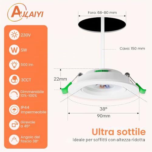 Aulaiyi LED Recessed Spotlights for Drywall Dimmable 230 V, 5 W 500 LM Recessed Spotlight Adjustable 3CCT, IP44 LED Ceiling Spotlights for Bathrooms, Hole Ø68-80 mm, Set of 10 White
