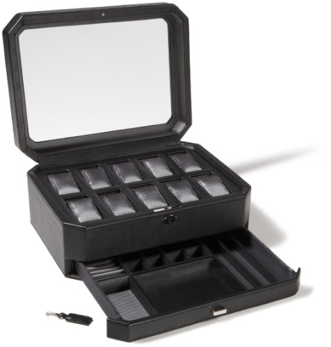 WOLF 4586029 Windsor 10 Piece Watch Storage Box with Drawer, Black