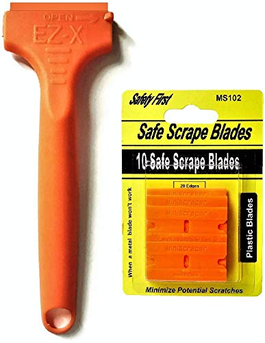 MINISCRAPER 10 Plastic Double Edged Razor Blades and EZ X Razor Scraper Pat. Pending