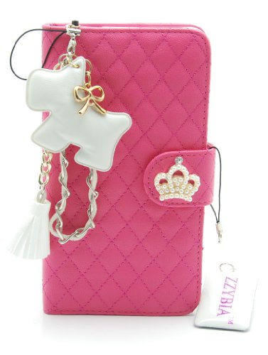 ZZYBIA® NOTE III 3 QCD Leatherette Stand Case Card Holder Wallet with Dog Fringed Dust Plug Charm for Samsung Galaxy Note III 3 N9000 N9005 (Shocking Pink)